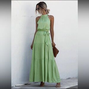 Boho floral print belted halter maxi dress